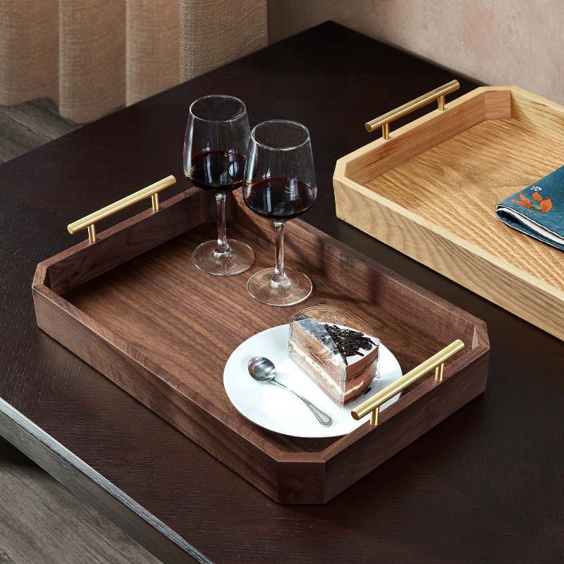 Metal Handle Wooden Serving Tray