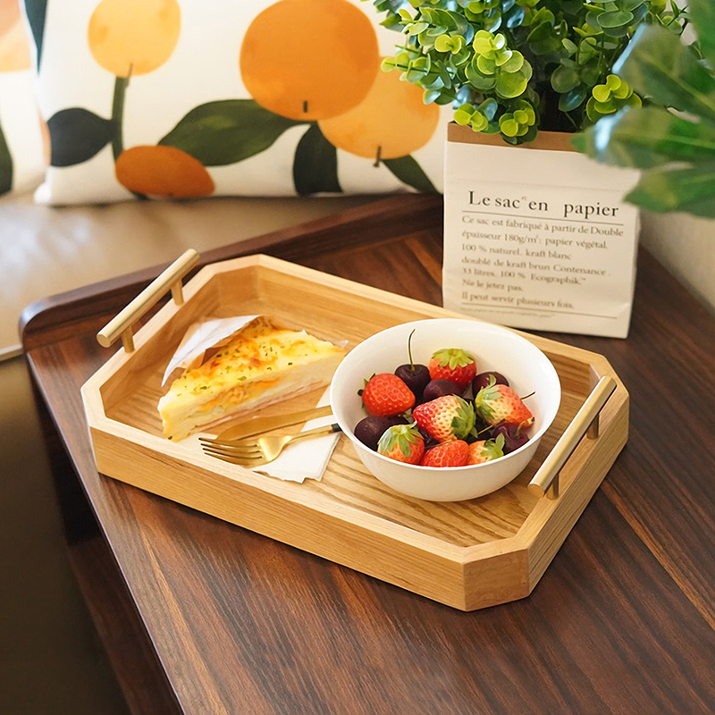 Metal Handle Wooden Serving Tray