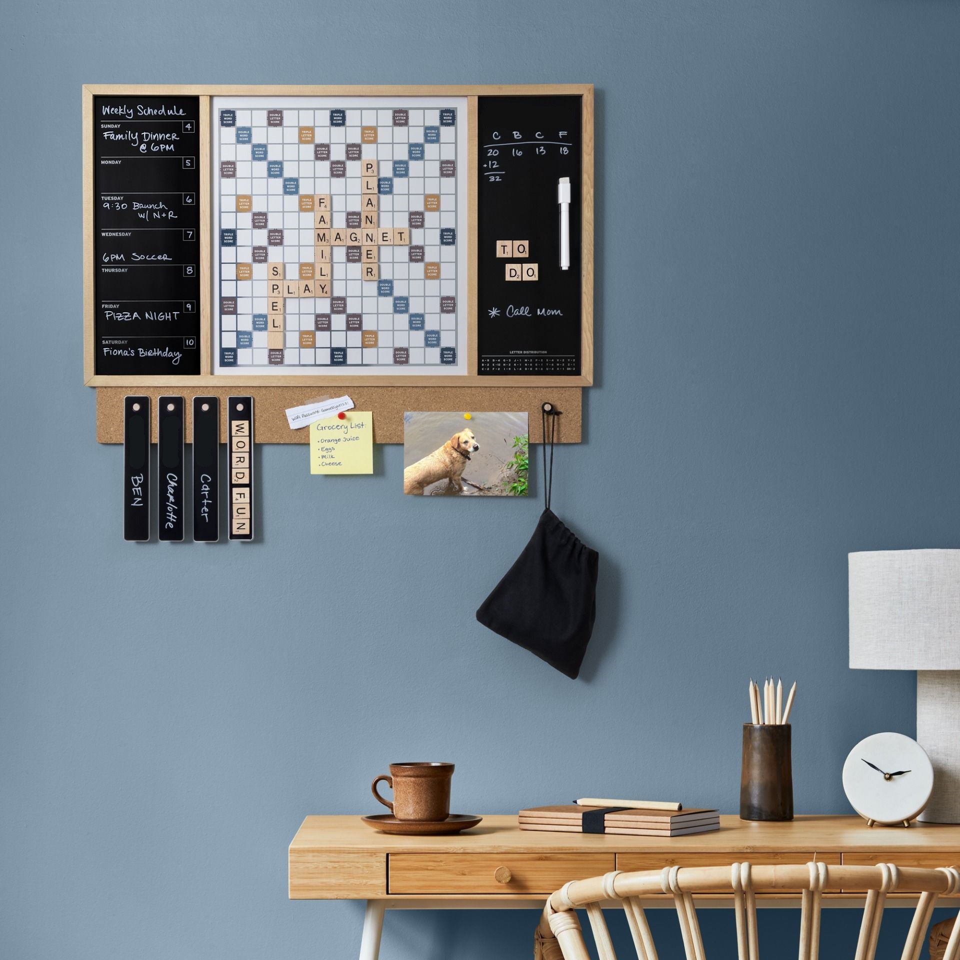Deluxe metal crossword game board with wood frame