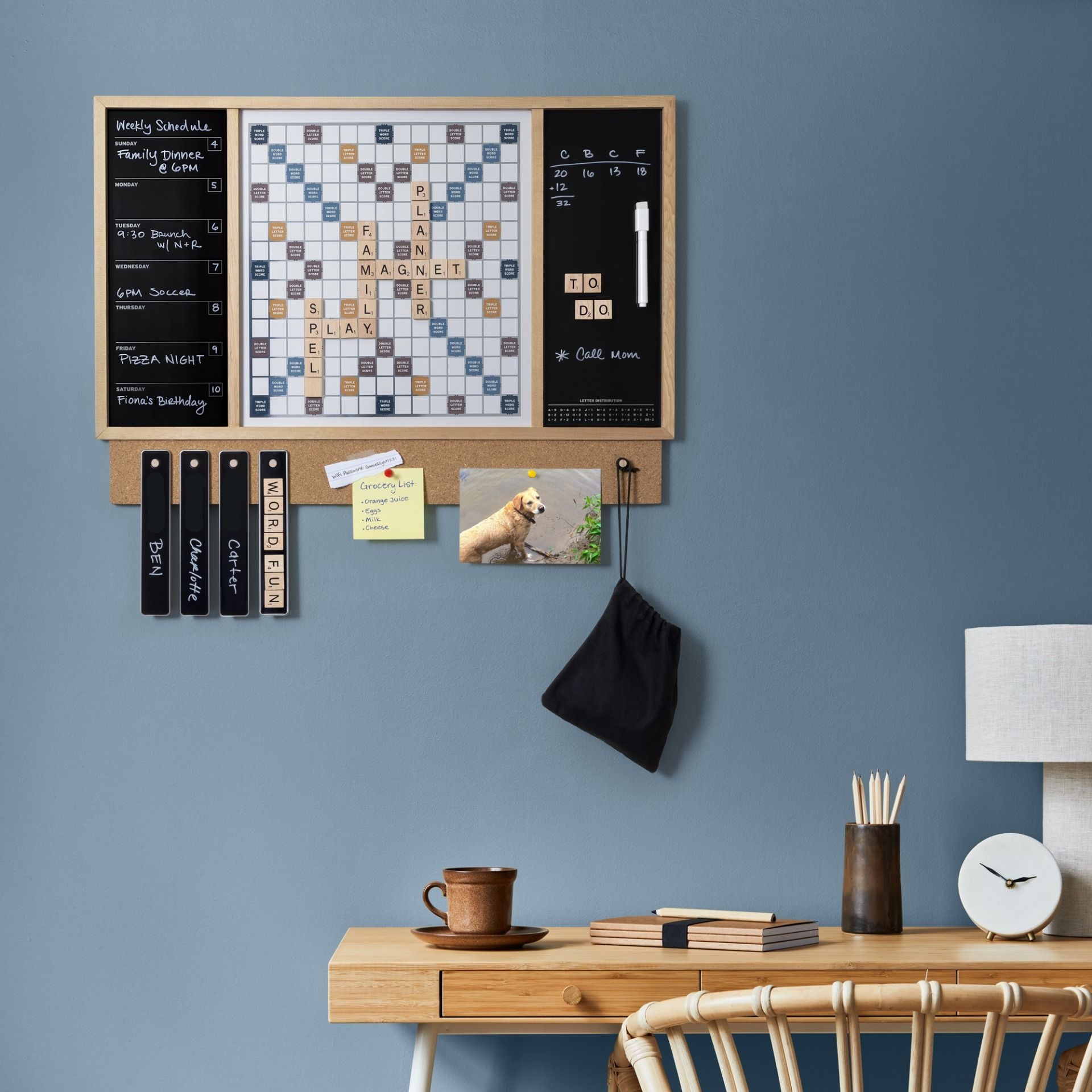 Deluxe metal crossword game board with wood frame